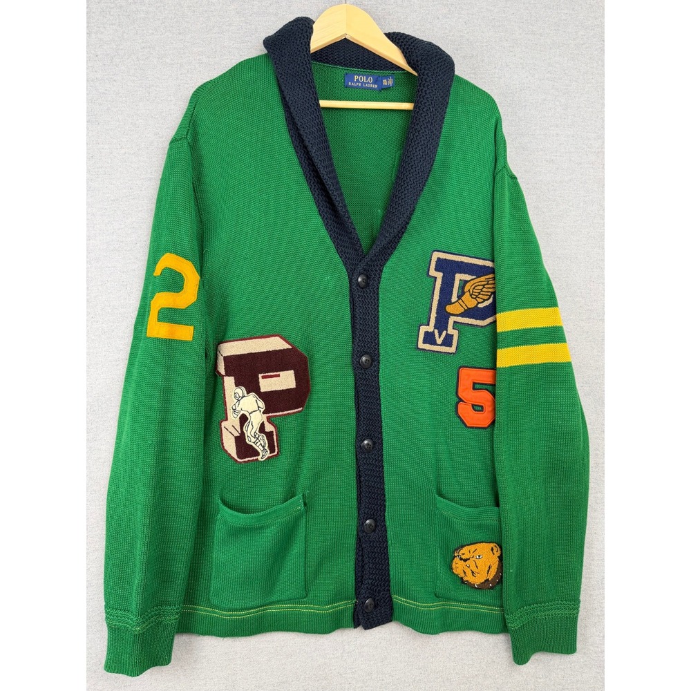 Polo Ralph‎ Lauren Mens XXL Green Varsity Letterman Shawl Collar Patch Cardigan